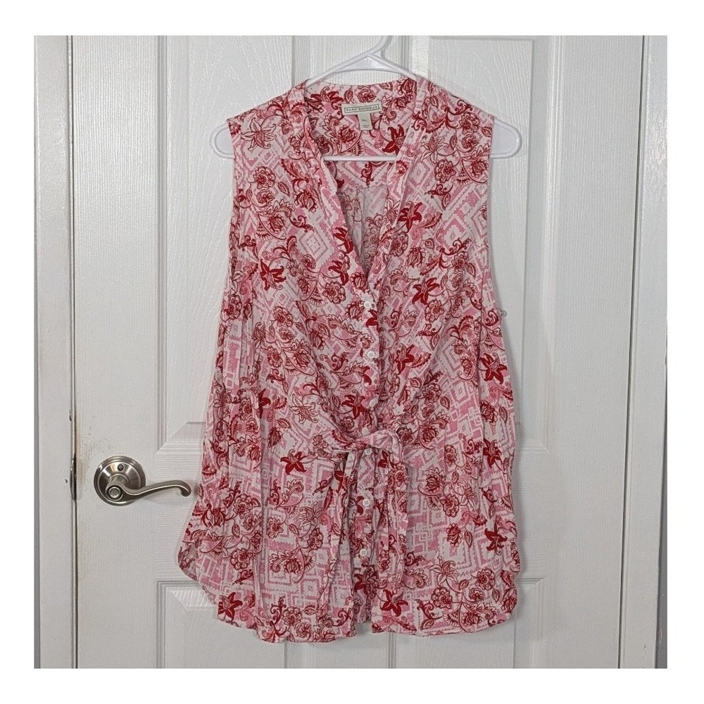 Dana Buchman Floral Tie-Front Sleeveless Blouse Casual Top Pink Red Size XL